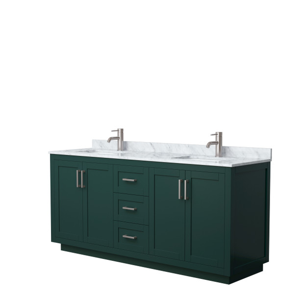 Miranda 72 Inch Double Bathroom Vanity In Green, White Carrara Marble Countertop, Undermount Square Sinks, Brushed Nickel Trim