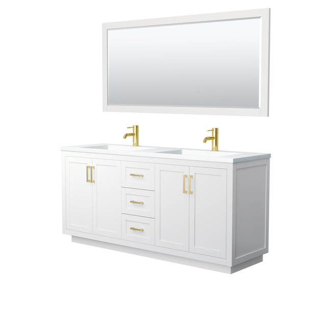 Miranda 72 Inch Double Bathroom Vanity In White, 1.25 Inch Thick Matte White Solid Surface Countertop, Integrated Sinks, Brushed Gold Trim, 70 Inch Mirror
