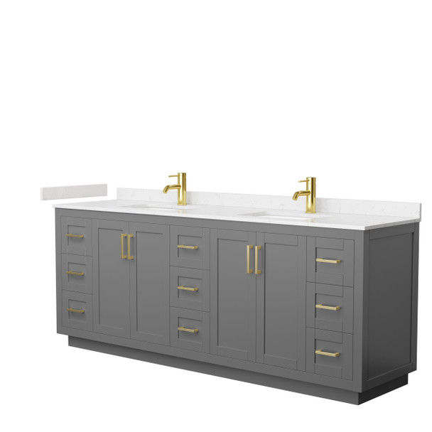 Miranda 84 Inch Double Bathroom Vanity In Dark Gray, Carrara Cultured Marble Countertop, Undermount Square Sinks, Brushed Gold Trim