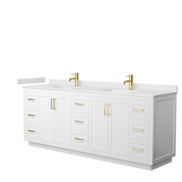 Miranda 84 Inch Double Bathroom Vanity In White, White Cultured Marble Countertop, Undermount Square Sinks, Brushed Gold Trim