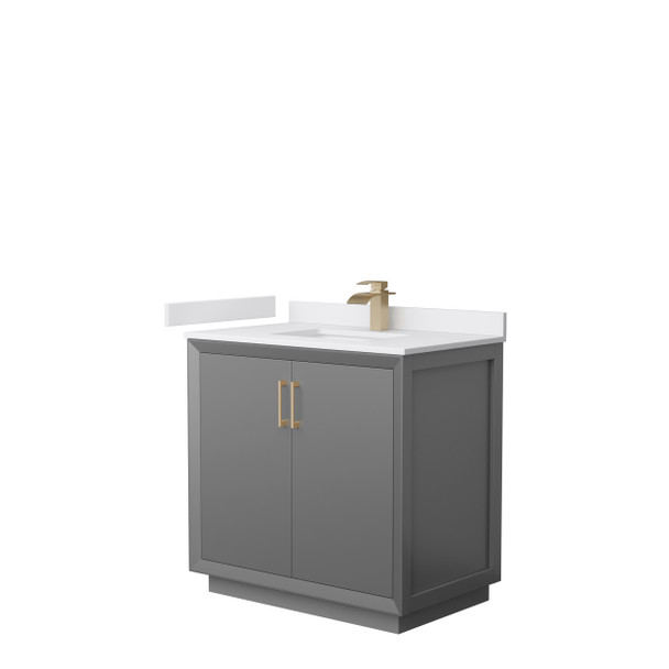 Strada 36 Inch Single Bathroom Vanity In Dark Gray, White Cultured Marble Countertop, Undermount Square Sink, Satin Bronze Trim