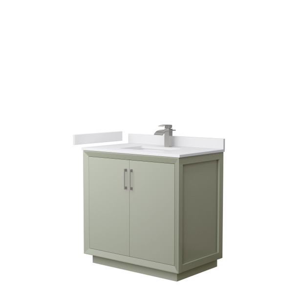Strada 36 Inch Single Bathroom Vanity In Light Green, White Cultured Marble Countertop, Undermount Square Sink, Brushed Nickel Trim