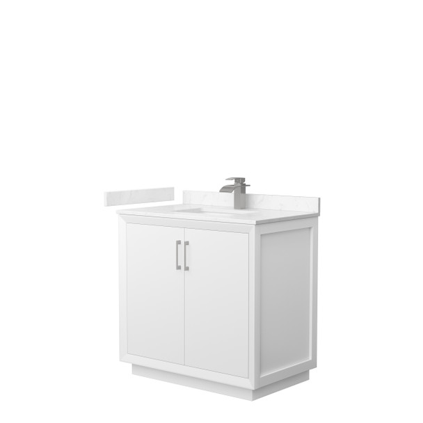 Strada 36 Inch Single Bathroom Vanity In White, Carrara Cultured Marble Countertop, Undermount Square Sink, Brushed Nickel Trim