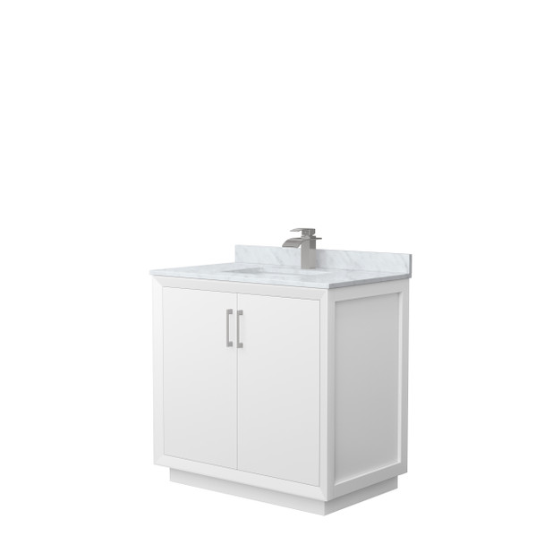 Strada 36 Inch Single Bathroom Vanity In White, White Carrara Marble Countertop, Undermount Square Sink, Brushed Nickel Trim