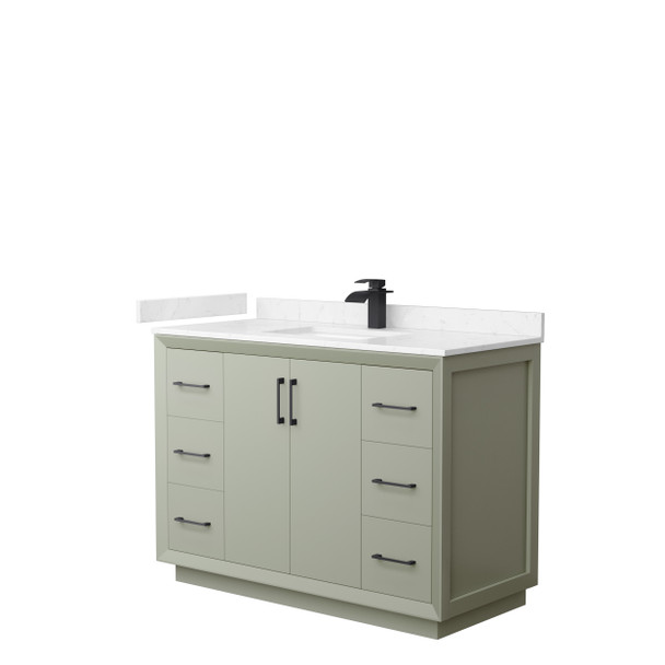 Strada 48 Inch Single Bathroom Vanity In Light Green, Carrara Cultured Marble Countertop, Undermount Square Sink, Matte Black Trim