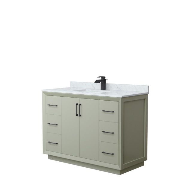 Strada 48 Inch Single Bathroom Vanity In Light Green, White Carrara Marble Countertop, Undermount Square Sink, Matte Black Trim