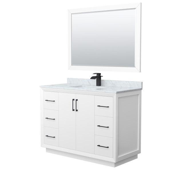 Strada 48 Inch Single Bathroom Vanity In White, White Carrara Marble Countertop, Undermount Square Sink, Matte Black Trim, 46 Inch Mirror