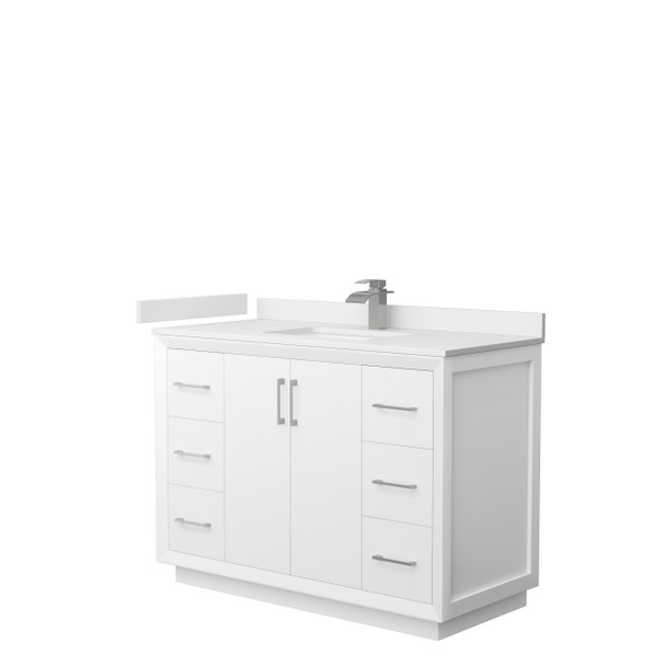 Strada 48 Inch Single Bathroom Vanity In White, White Cultured Marble Countertop, Undermount Square Sink, Brushed Nickel Trim