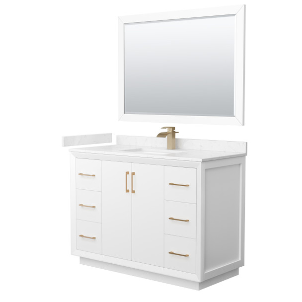 Strada 48 Inch Single Bathroom Vanity In White, Carrara Cultured Marble Countertop, Undermount Square Sink, Satin Bronze Trim, 46 Inch Mirror