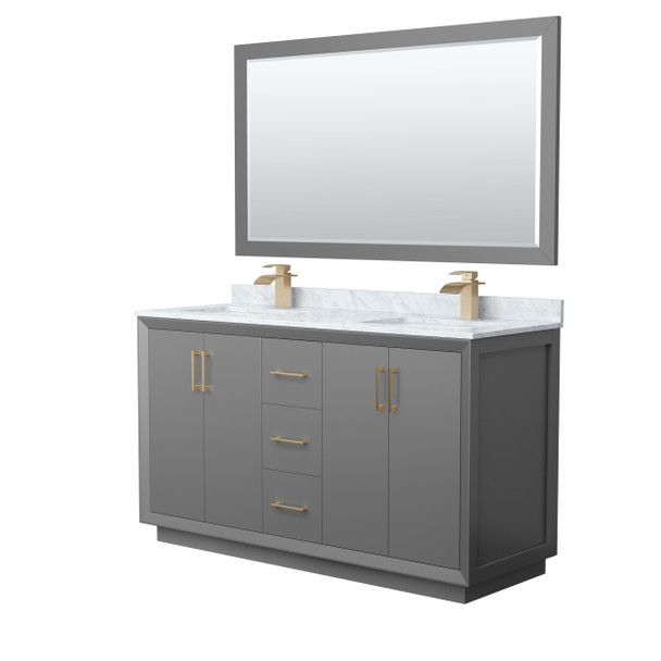 Strada 60 Inch Double Bathroom Vanity In Dark Gray, White Carrara Marble Countertop, Undermount Square Sink, Satin Bronze Trim, 58 Inch Mirror