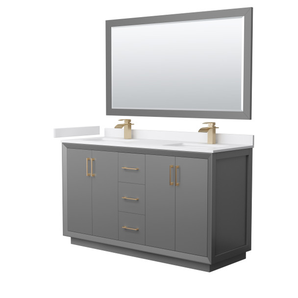 Strada 60 Inch Double Bathroom Vanity In Dark Gray, White Cultured Marble Countertop, Undermount Square Sink, Satin Bronze Trim, 58 Inch Mirror