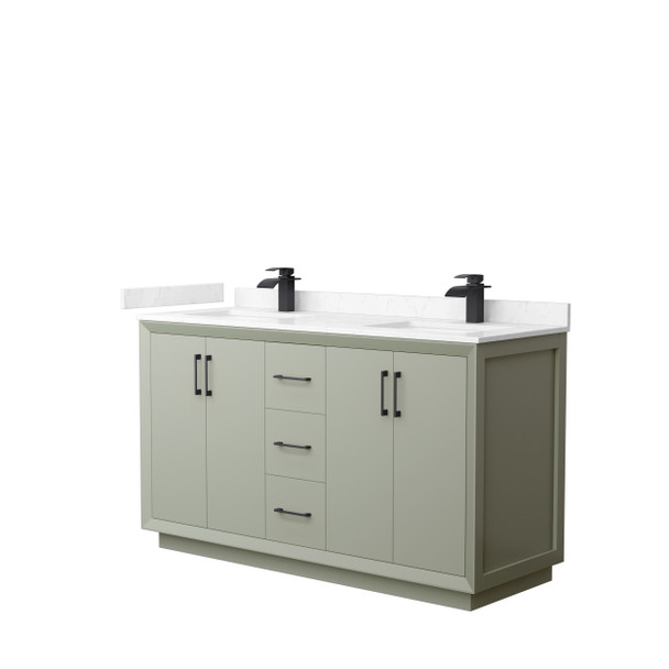 Strada 60 Inch Double Bathroom Vanity In Light Green, Carrara Cultured Marble Countertop, Undermount Square Sinks, Matte Black Trim