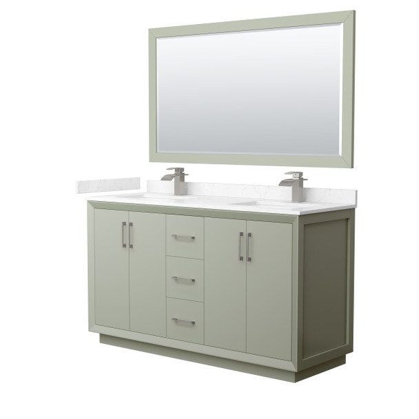 Strada 60 Inch Double Bathroom Vanity In Light Green, Carrara Cultured Marble Countertop, Undermount Square Sinks, Brushed Nickel Trim, 58 Inch Mirror