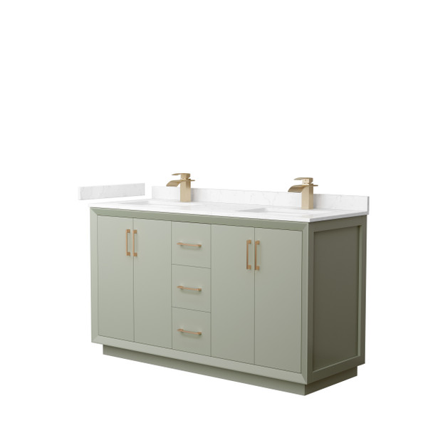 Strada 60 Inch Double Bathroom Vanity In Light Green, Carrara Cultured Marble Countertop, Undermount Square Sinks, Satin Bronze Trim