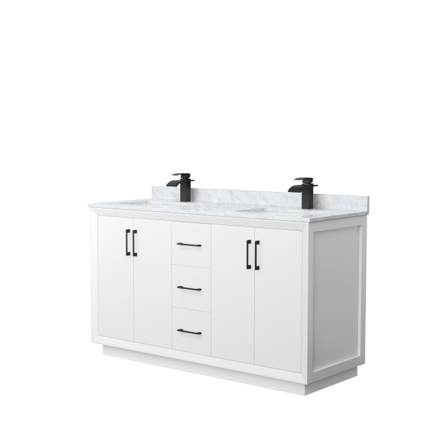 Strada 60 Inch Double Bathroom Vanity In White, White Carrara Marble Countertop, Undermount Square Sink, Matte Black Trim