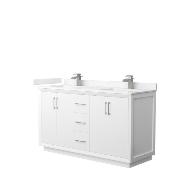 Strada 60 Inch Double Bathroom Vanity In White, Carrara Cultured Marble Countertop, Undermount Square Sink, Brushed Nickel Trim