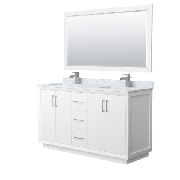 Strada 60 Inch Double Bathroom Vanity In White, White Carrara Marble Countertop, Undermount Square Sink, Brushed Nickel Trim, 58 Inch Mirror