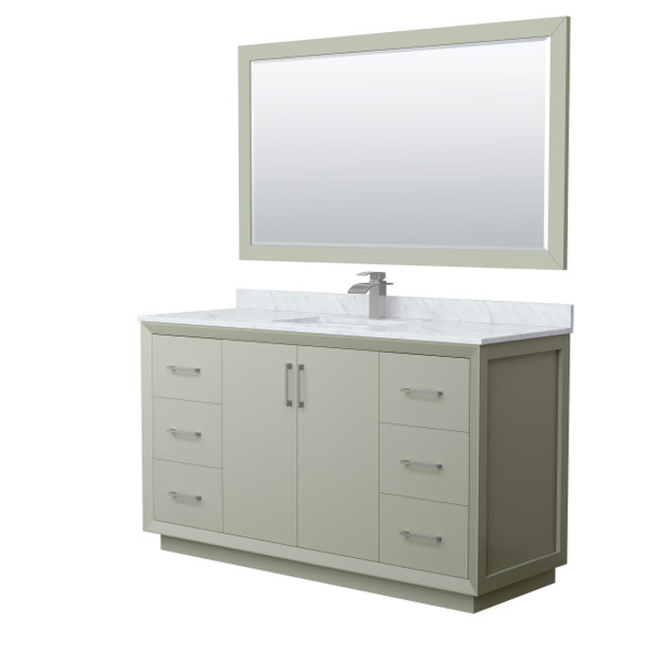 Strada 60 Inch Single Bathroom Vanity In Light Green, White Carrara Marble Countertop, Undermount Square Sink, Brushed Nickel Trim, 58 Inch Mirror