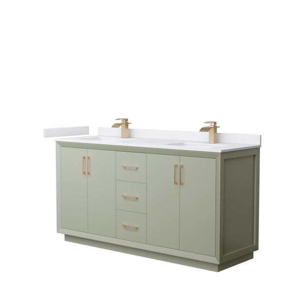 Strada 66 Inch Double Bathroom Vanity In Light Green, White Cultured Marble Countertop, Undermount Square Sinks, Satin Bronze Trim
