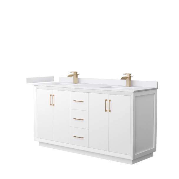 Strada 66 Inch Double Bathroom Vanity In White, White Cultured Marble Countertop, Undermount Square Sink, Satin Bronze Trim