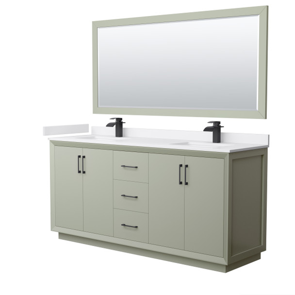 Strada 72 Inch Double Bathroom Vanity In Light Green, White Cultured Marble Countertop, Undermount Square Sinks, Matte Black Trim, 70 Inch Mirror