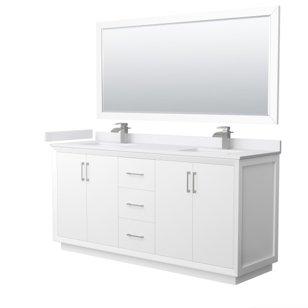Strada 72 Inch Double Bathroom Vanity In White, White Cultured Marble Countertop, Undermount Square Sink, Brushed Nickel Trim, 70 Inch Mirror