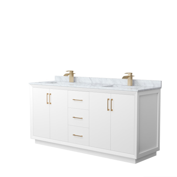 Strada 72 Inch Double Bathroom Vanity In White, White Carrara Marble Countertop, Undermount Square Sink, Satin Bronze Trim