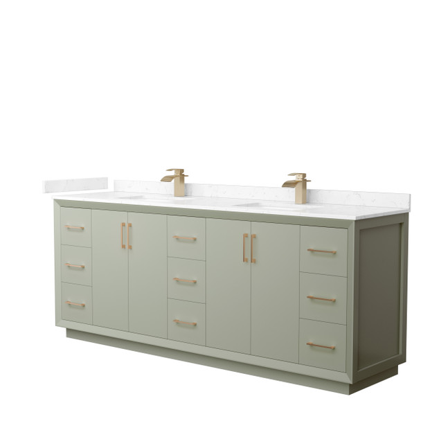 Strada 84 Inch Double Bathroom Vanity In Light Green, Carrara Cultured Marble Countertop, Undermount Square Sinks, Satin Bronze Trim