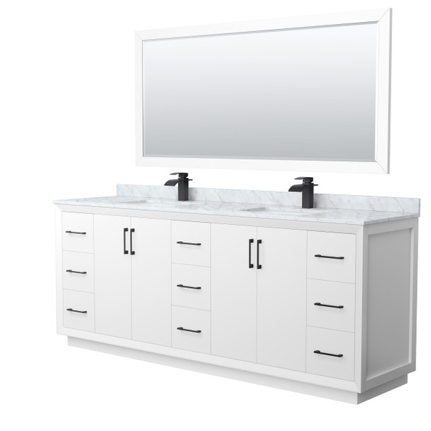 Strada 84 Inch Double Bathroom Vanity In White, White Carrara Marble Countertop, Undermount Square Sink, Matte Black Trim, 70 Inch Mirror