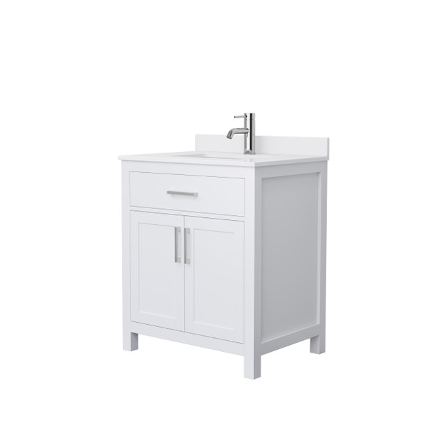 Beckett 30 Inch Single Bathroom Vanity In White, White Cultured Marble Countertop, Undermount Square Sink, Brushed Nickel Trim
