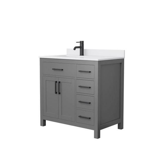 Beckett 36 Inch Single Bathroom Vanity In Dark Gray, White Cultured Marble Countertop, Undermount Square Sink, Matte Black Trim