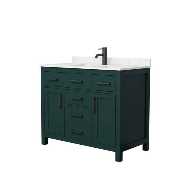 Beckett 42 Inch Single Bathroom Vanity In Green, Carrara Cultured Marble Countertop, Undermount Square Sink, Matte Black Trim