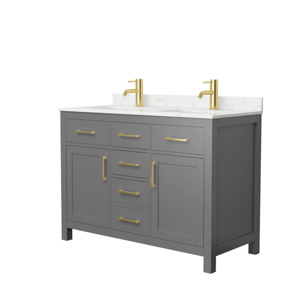 Beckett 48 Inch Double Bathroom Vanity In Dark Gray, Carrara Cultured Marble Countertop, Undermount Square Sinks, Brushed Gold Trim