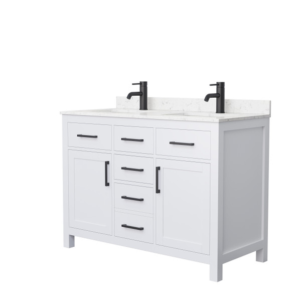 Beckett 48 Inch Double Bathroom Vanity In White, Carrara Cultured Marble Countertop, Undermount Square Sinks, Matte Black Trim