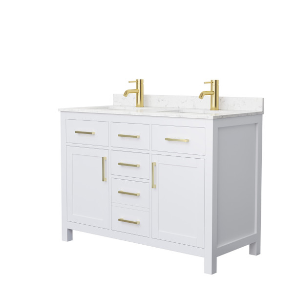 Beckett 48 Inch Double Bathroom Vanity In White, Carrara Cultured Marble Countertop, Undermount Square Sinks, Brushed Gold Trim