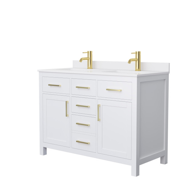 Beckett 48 Inch Double Bathroom Vanity In White, White Cultured Marble Countertop, Undermount Square Sinks, Brushed Gold Trim