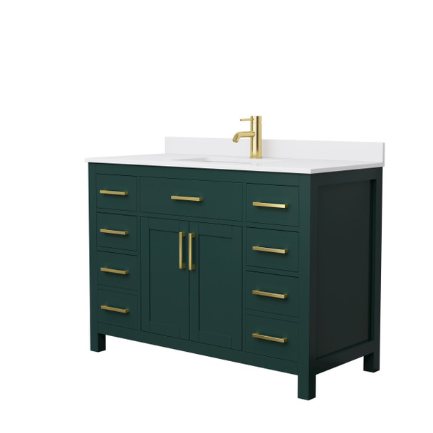 Beckett 48 Inch Single Bathroom Vanity In Green, White Cultured Marble Countertop, Undermount Square Sink, Brushed Gold Trim