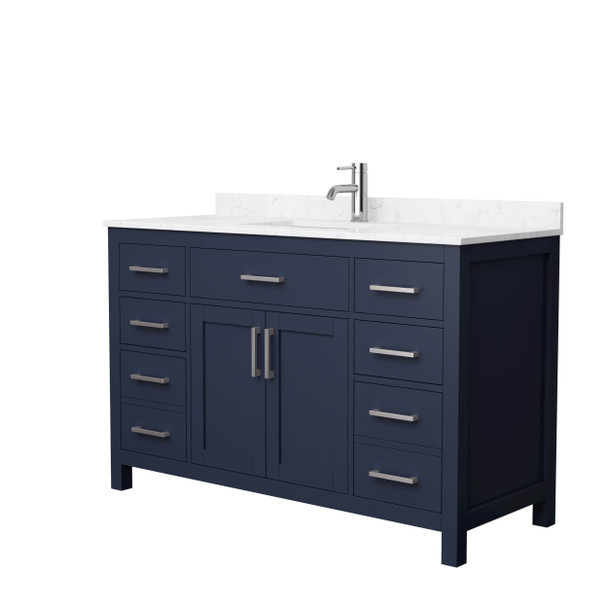 Beckett 54 Inch Single Bathroom Vanity In Dark Blue, Carrara Cultured Marble Countertop, Undermount Square Sink, Brushed Nickel Trim