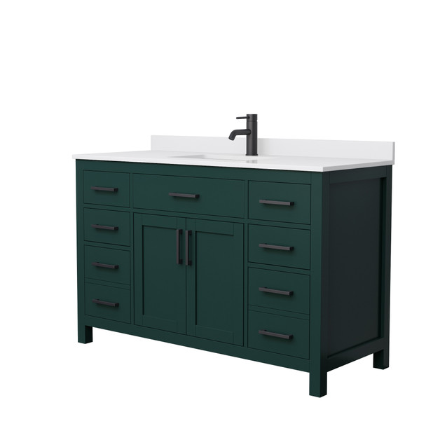 Beckett 54 Inch Single Bathroom Vanity In Green, White Cultured Marble Countertop, Undermount Square Sink, Matte Black Trim