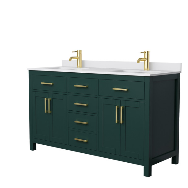 Beckett 60 Inch Double Bathroom Vanity In Green, White Cultured Marble Countertop, Undermount Square Sinks, Brushed Gold Trim
