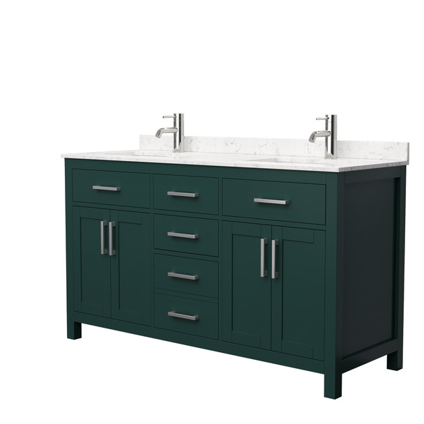 Beckett 60 Inch Double Bathroom Vanity In Green, Carrara Cultured Marble Countertop, Undermount Square Sinks, Brushed Nickel Trim