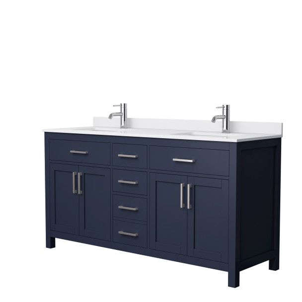 Beckett 66 Inch Double Bathroom Vanity In Dark Blue, White Cultured Marble Countertop, Undermount Square Sinks, Brushed Nickel Trim