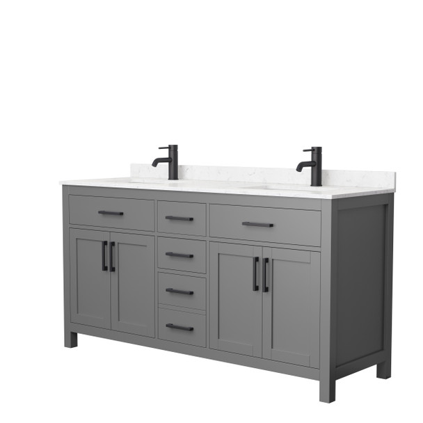 Beckett 66 Inch Double Bathroom Vanity In Dark Gray, Carrara Cultured Marble Countertop, Undermount Square Sinks, Matte Black Trim