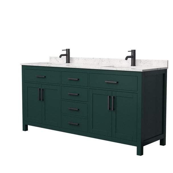 Beckett 72 Inch Double Bathroom Vanity In Green, Carrara Cultured Marble Countertop, Undermount Square Sinks, Matte Black Trim