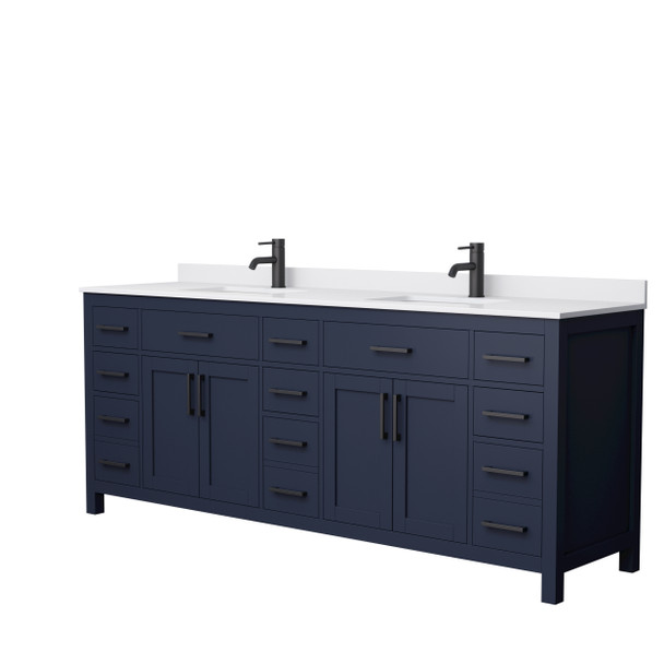 Beckett 84 Inch Double Bathroom Vanity In Dark Blue, White Cultured Marble Countertop, Undermount Square Sinks, Matte Black Trim