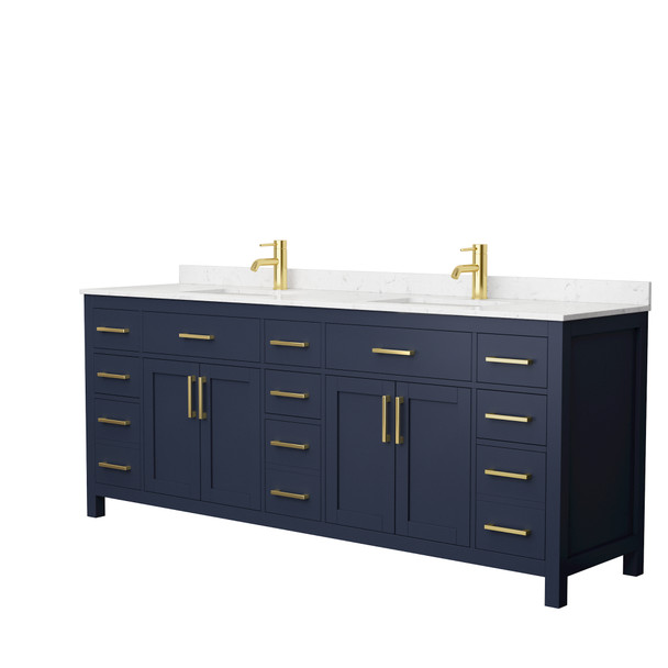 Beckett 84 Inch Double Bathroom Vanity In Dark Blue, Carrara Cultured Marble Countertop, Undermount Square Sinks, No Mirror