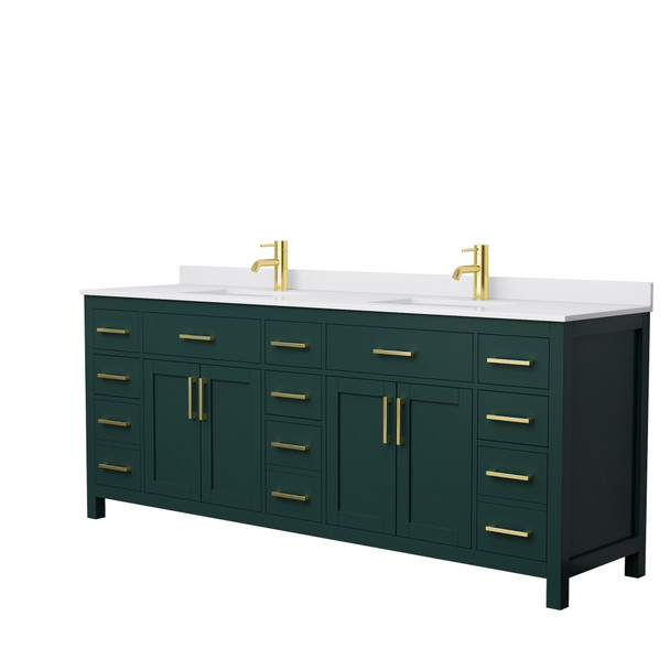 Beckett 84 Inch Double Bathroom Vanity In Green, White Cultured Marble Countertop, Undermount Square Sinks, Brushed Gold Trim