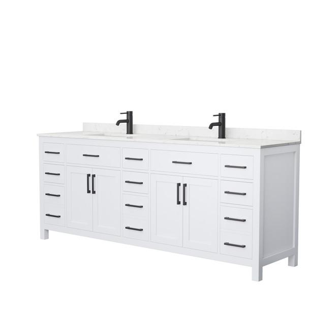Beckett 84 Inch Double Bathroom Vanity In White, Carrara Cultured Marble Countertop, Undermount Square Sinks, Matte Black Trim