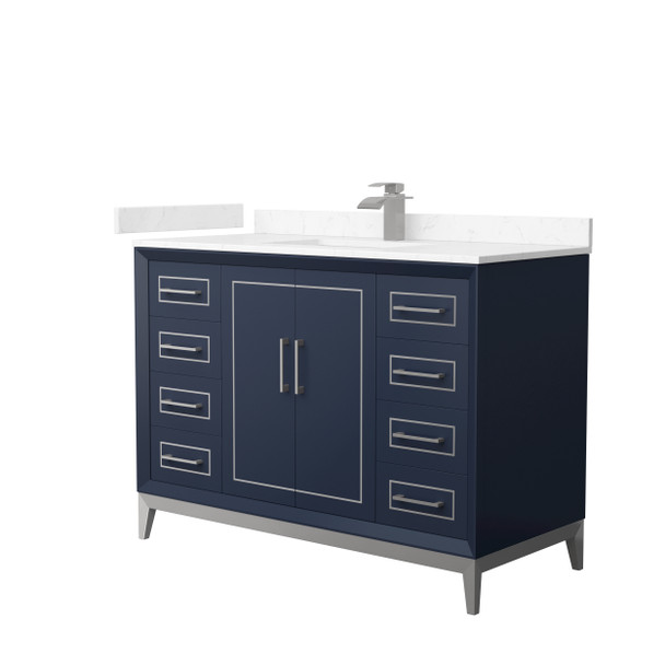Marlena 48 Inch Single Bathroom Vanity In Dark Blue, Carrara Cultured Marble Countertop, Undermount Square Sink, Brushed Nickel Trim