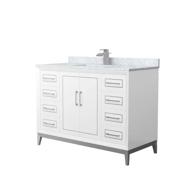 Marlena 48 Inch Single Bathroom Vanity In White, White Carrara Marble Countertop, Undermount Square Sink, Brushed Nickel Trim